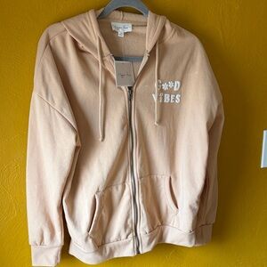 Hippie Rose Peach Zip Up Hoodie with 'Good Vibes' Print NWT Medium